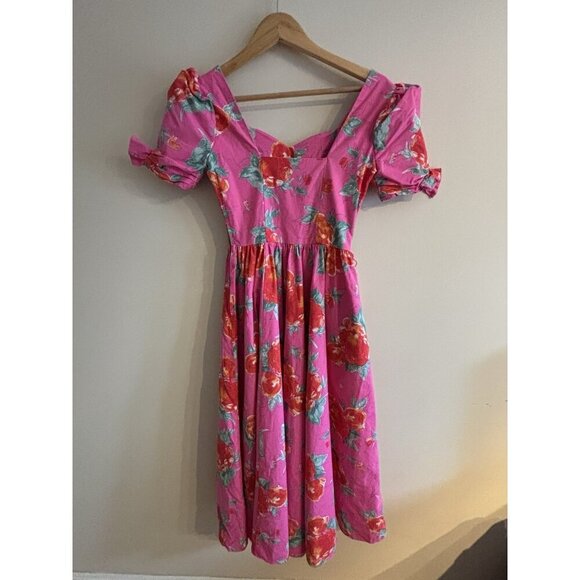 Laura Ashley Dress 1980s Pink Floral Orange Pink Cotton Pleated Bow Dress Sz 6 - Picture 9 of 16